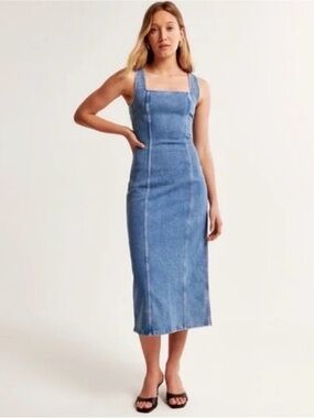 Abercrombie & Fitch Blue Denim Midi Dress square neck layering autumn summer